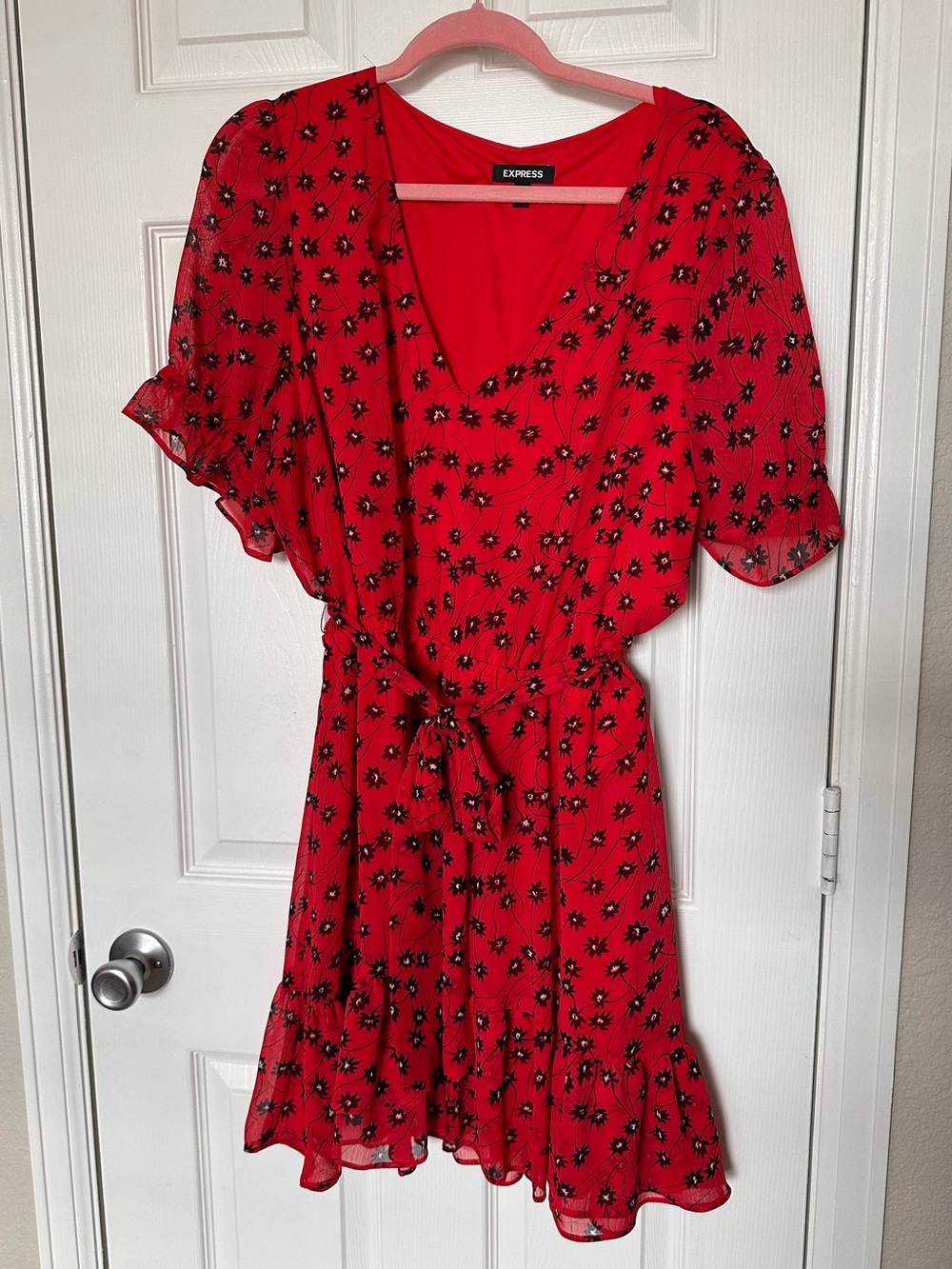 Express Red Dress with Black Floral Print and Tie Waist